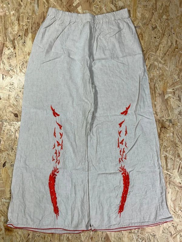 White Wide-Leg Pants With Red Bird Embroidery