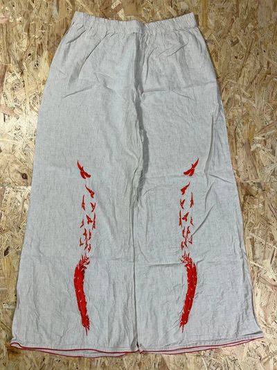 White Wide-Leg Pants With Red Bird Embroidery