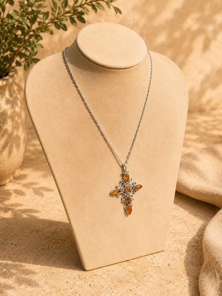 Vintage Sterling Silver Amber Cross Pendant Necklace | 16 Inch Chain | 7.2g | Religious Jewellery