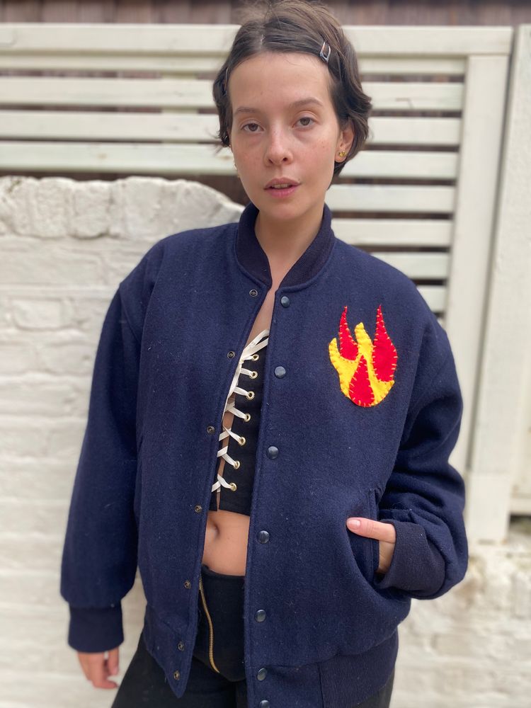 Embroidered Flame Wool Bomber Jacket 2