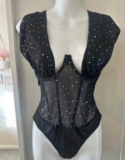 Black Sheer Bodysuit With White Polka Dots