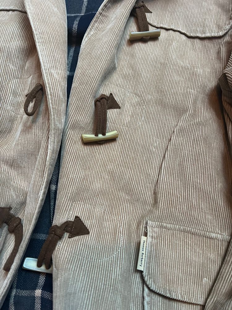 Thomas Burberry Beige Corduroy Toggle Coat With Hood obraz 2