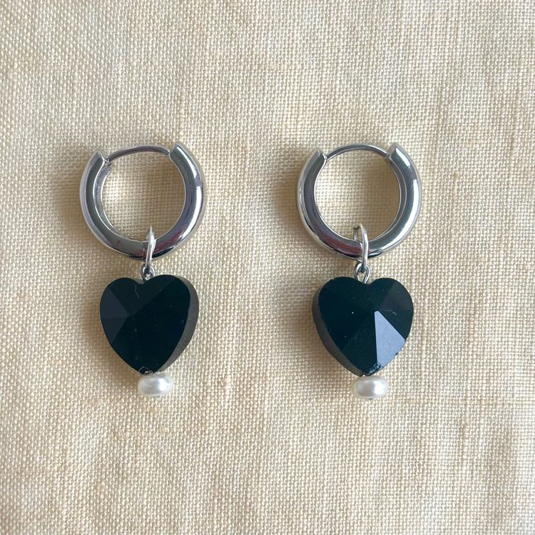 Other Silver Hoop Earrings With Black Heart And Pearl Charms product image