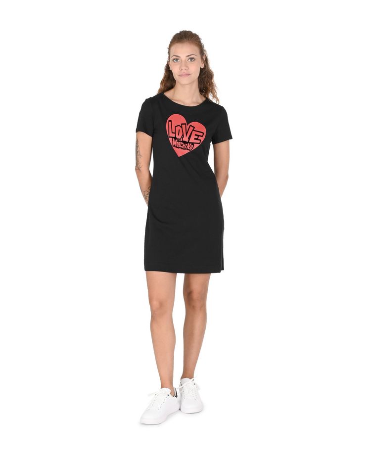 Love Moschino Black Short Sleeve Dress With Red Heart Print