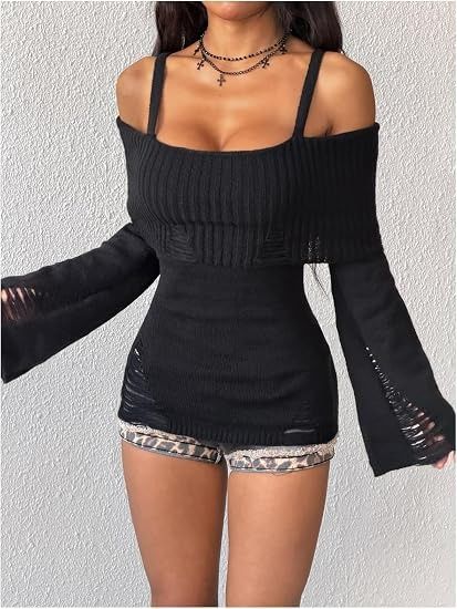 Black Off-Shoulder Knit Sweater With Distressed Details image 5