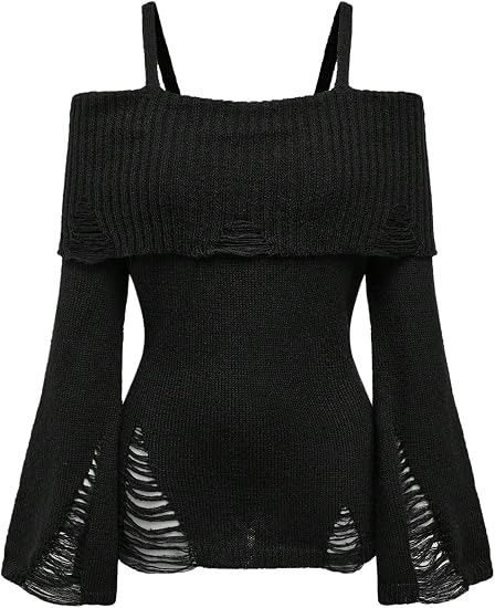 Black Off-Shoulder Knit Sweater With Distressed Details image 3