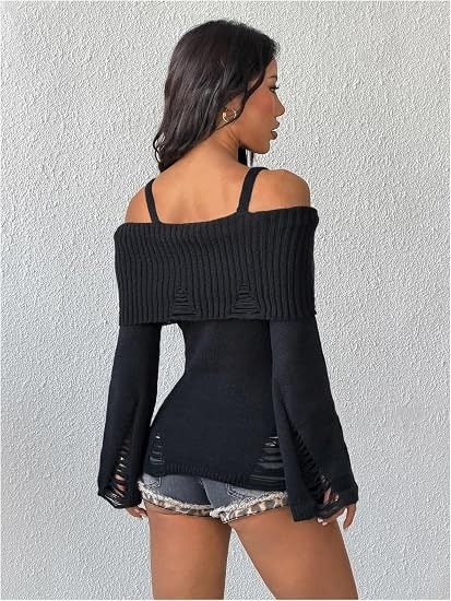 Black Off-Shoulder Knit Sweater With Distressed Details image 4