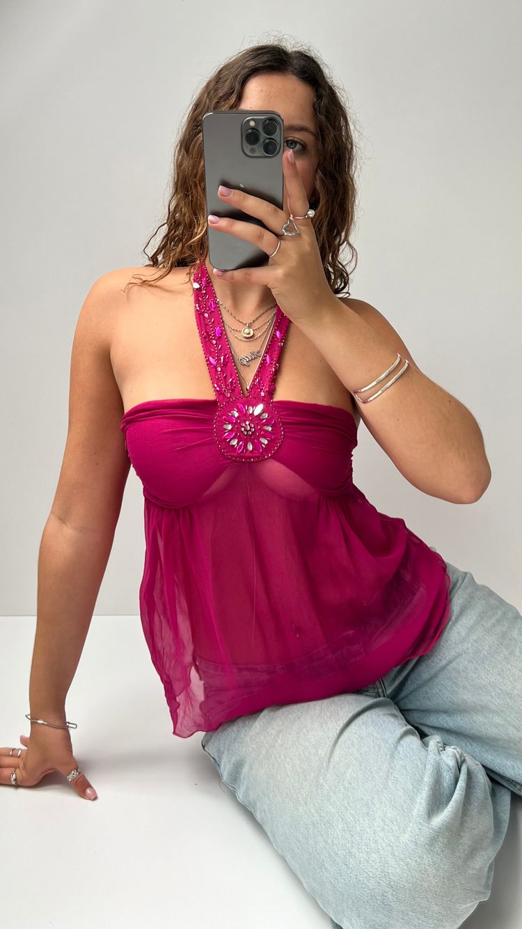 Unknown 00s silk sequin halter cami- size S/M product image
