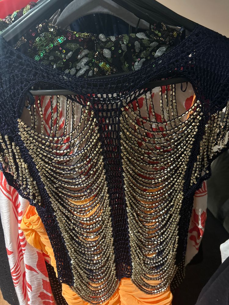 Black Crochet Top With Gold Bead Embellishments