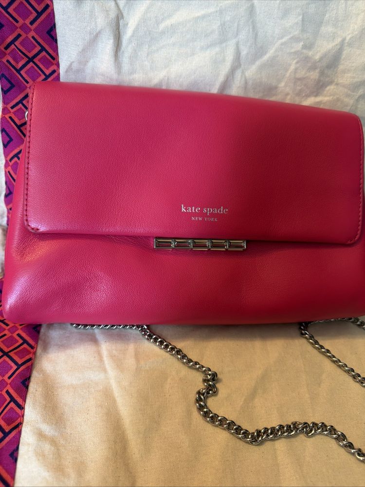 Kate Spade Grace Embellished Lock Clutch Leather Pink Chain Strap £350 BN image 1