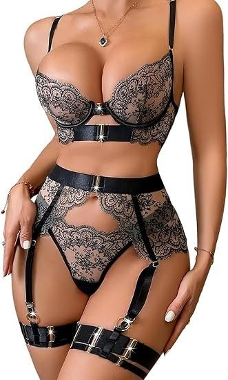 Black Lace Lingerie Set With Garter Belt And Straps