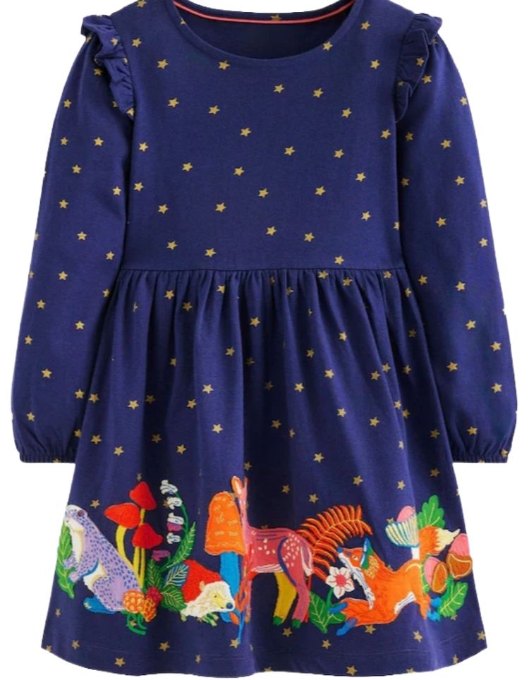 Mini Boden Girls Embroidered Ruffle Applique Jersey Dress In Navy image 1