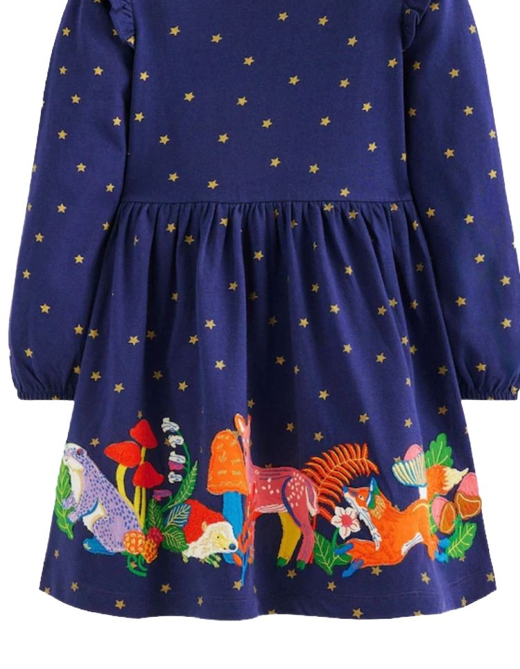 Mini Boden Girls Embroidered Ruffle Applique Jersey Dress In Navy image 3