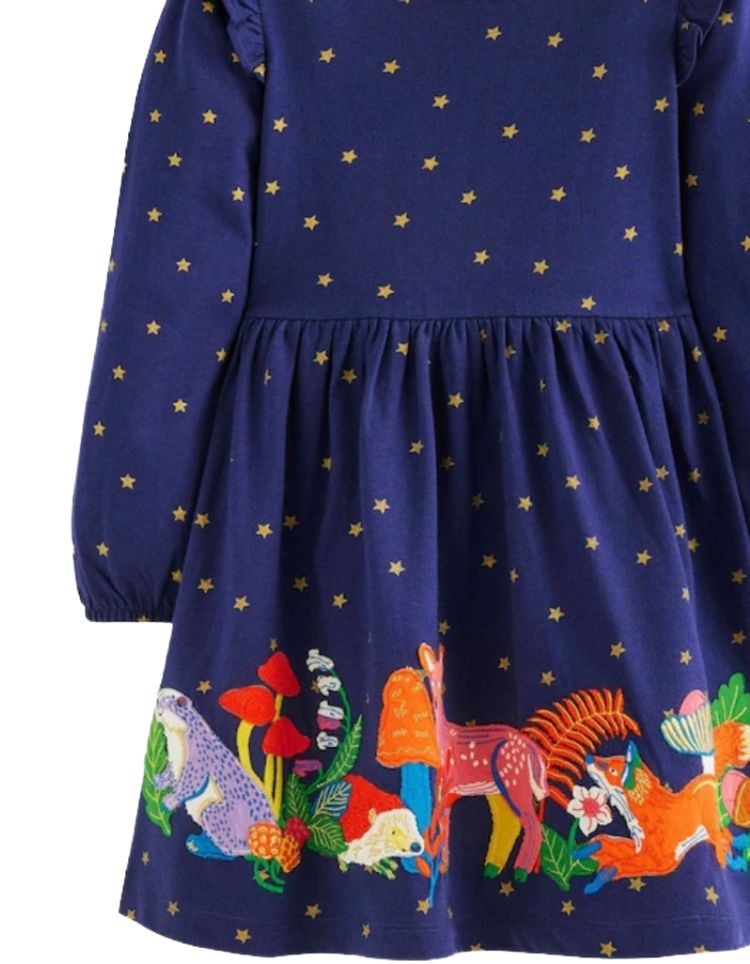 Mini Boden Girls Embroidered Ruffle Applique Jersey Dress In Navy image 5