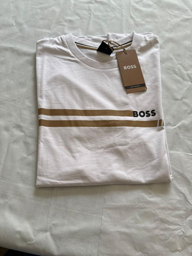 Boss White T-Shirt With Brown Stripes