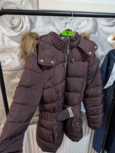 Burgendy padded Jacket With Fur Hood And Belt