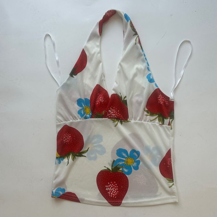 White Halter Top With Strawberry And Blue Flower Print