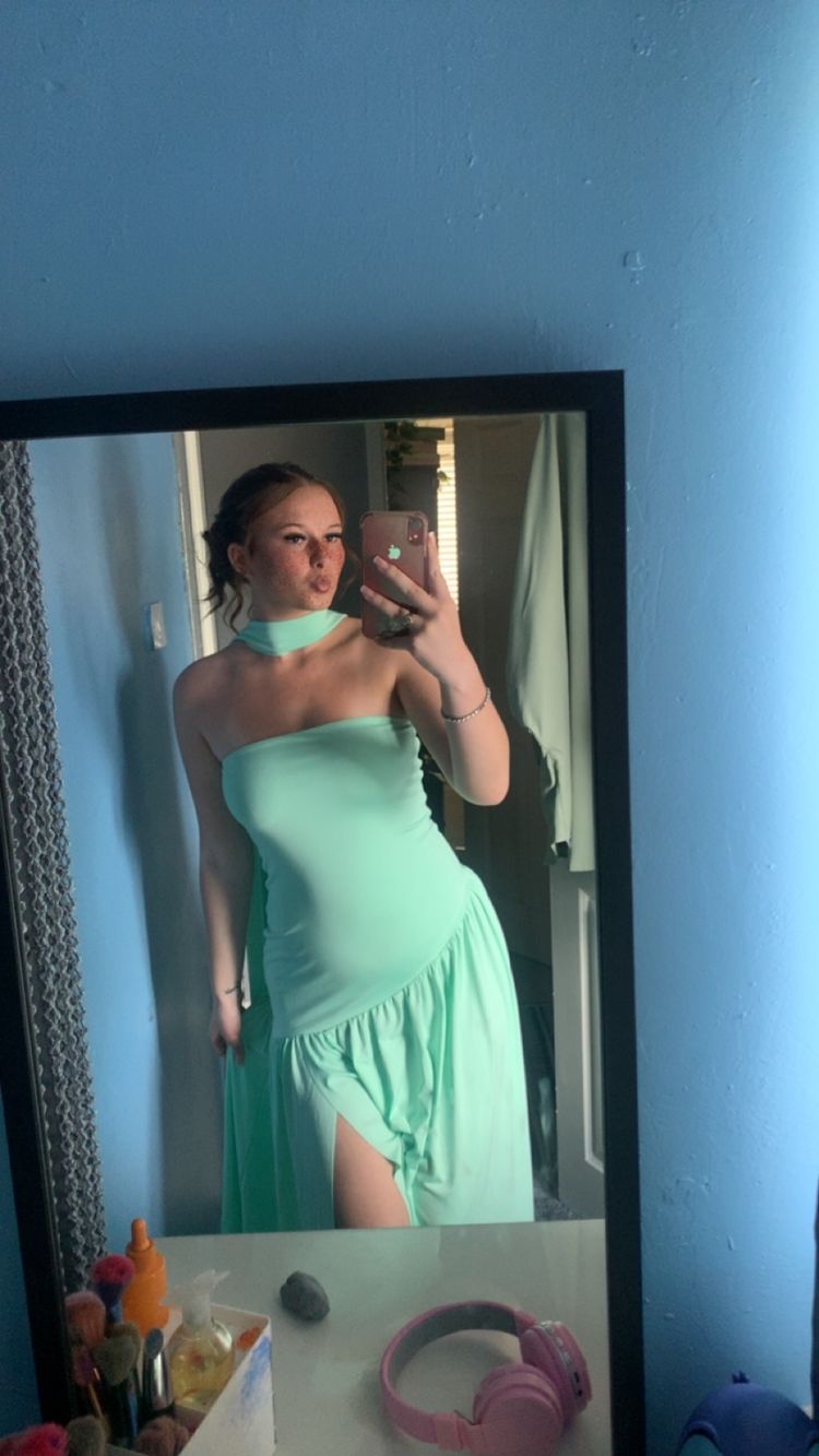Mint Green Strapless Dress With Choker Neckline image 1