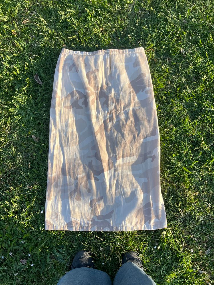 Beige Camouflage Midi Skirt