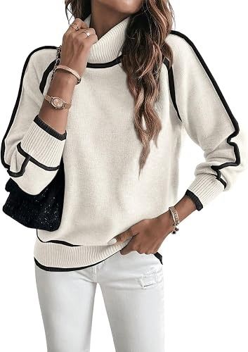 White Turtleneck Sweater With Black Trim image 1