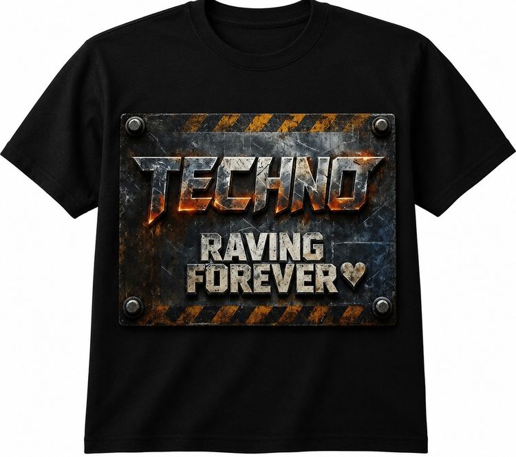 Black Graphic T-Shirt TECHNO RAVING FOREVER 