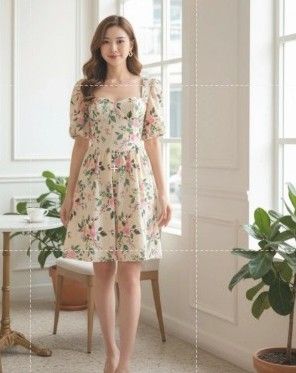 Sweetheart Neck Floral Mini Dress Puff Sleeve Aline dress