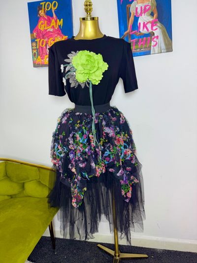 Black Top With Green Flower And Floral Tulle Skirt