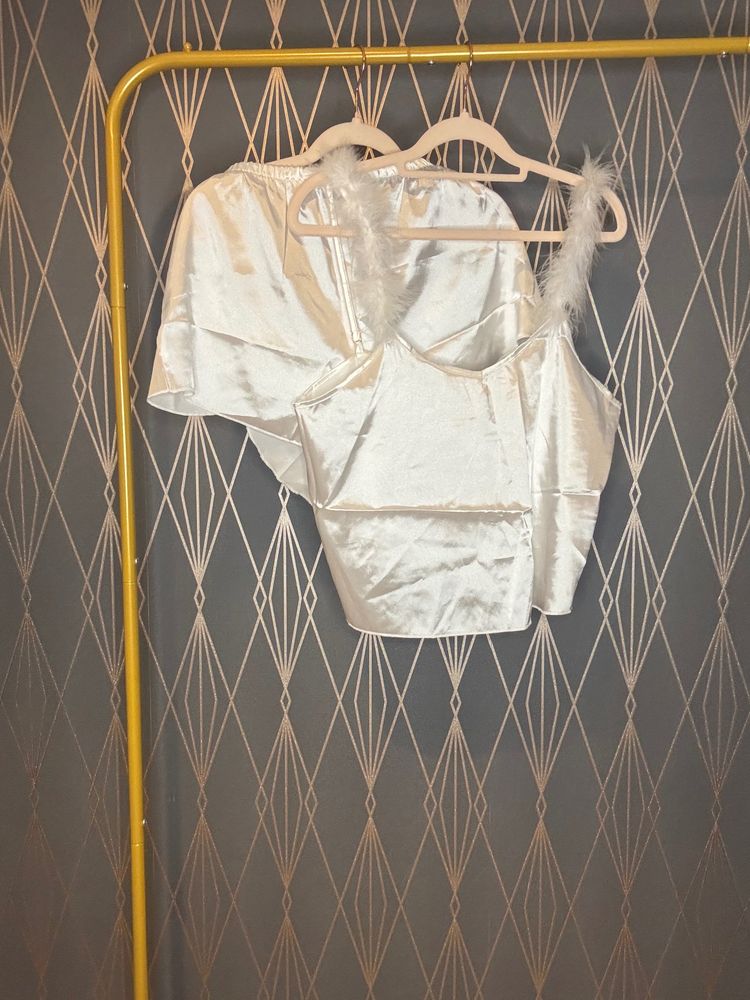 Other White Satin Camisole Top With Feather Trim And Matching Shorts product image