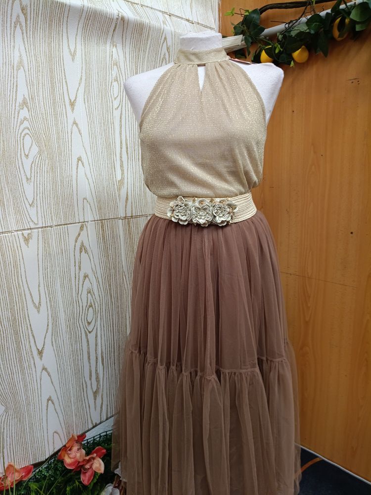 Other Beige Halter Neck Top With Brown Tulle Skirt And Floral Belt product image