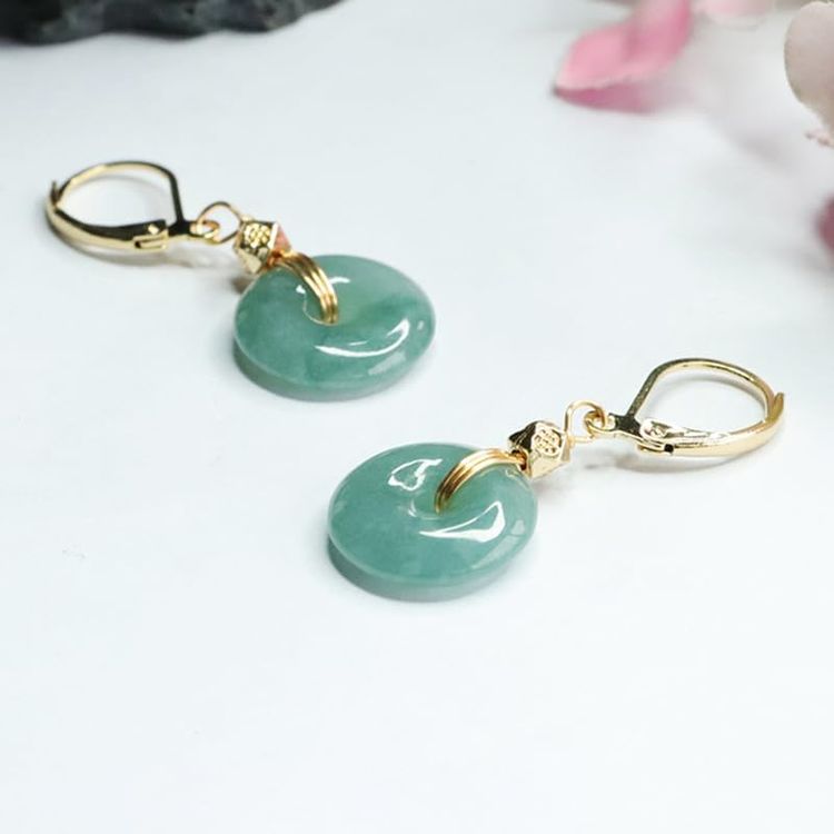 Green Jade Round Drop Earrings With Gold Hooks 3