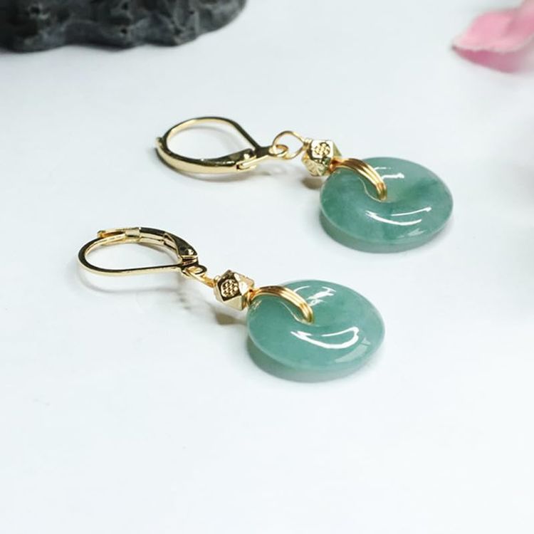 Green Jade Round Drop Earrings With Gold Hooks 2