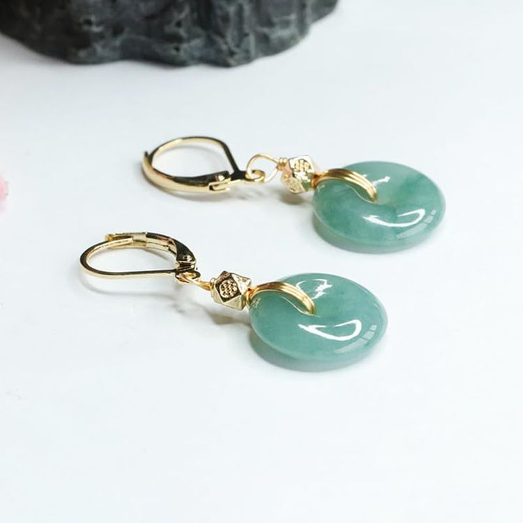 Green Jade Round Drop Earrings With Gold Hooks 4