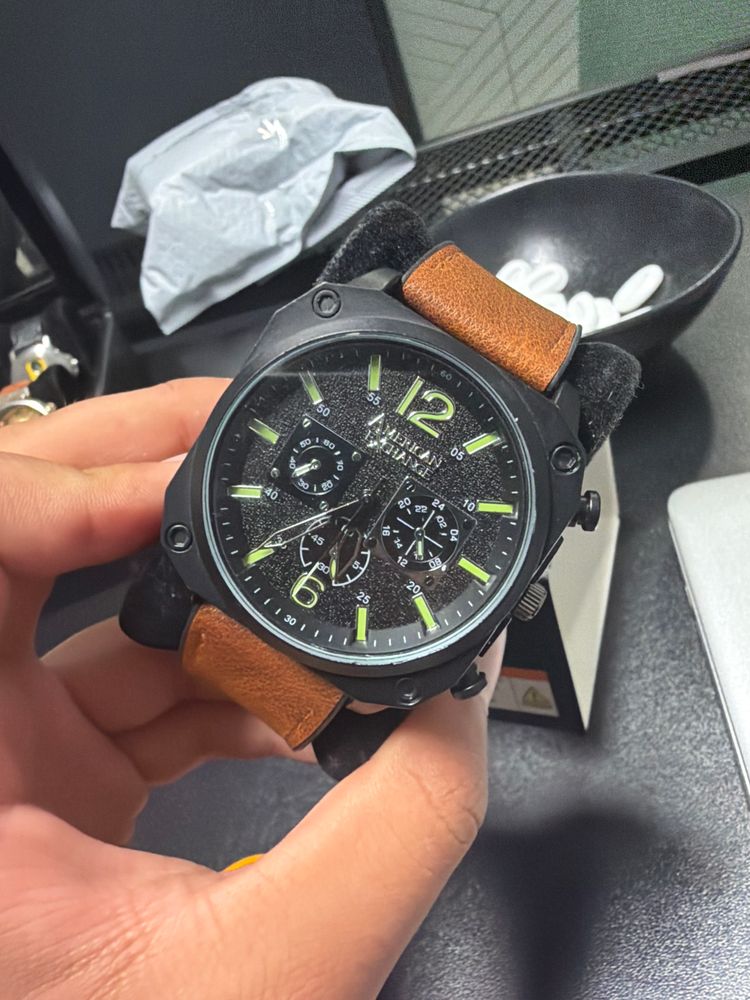 Black Dial Wristwatch With Brown Leather Strap