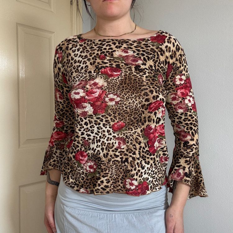 Leopard And Floral Print Long Sleeve Top