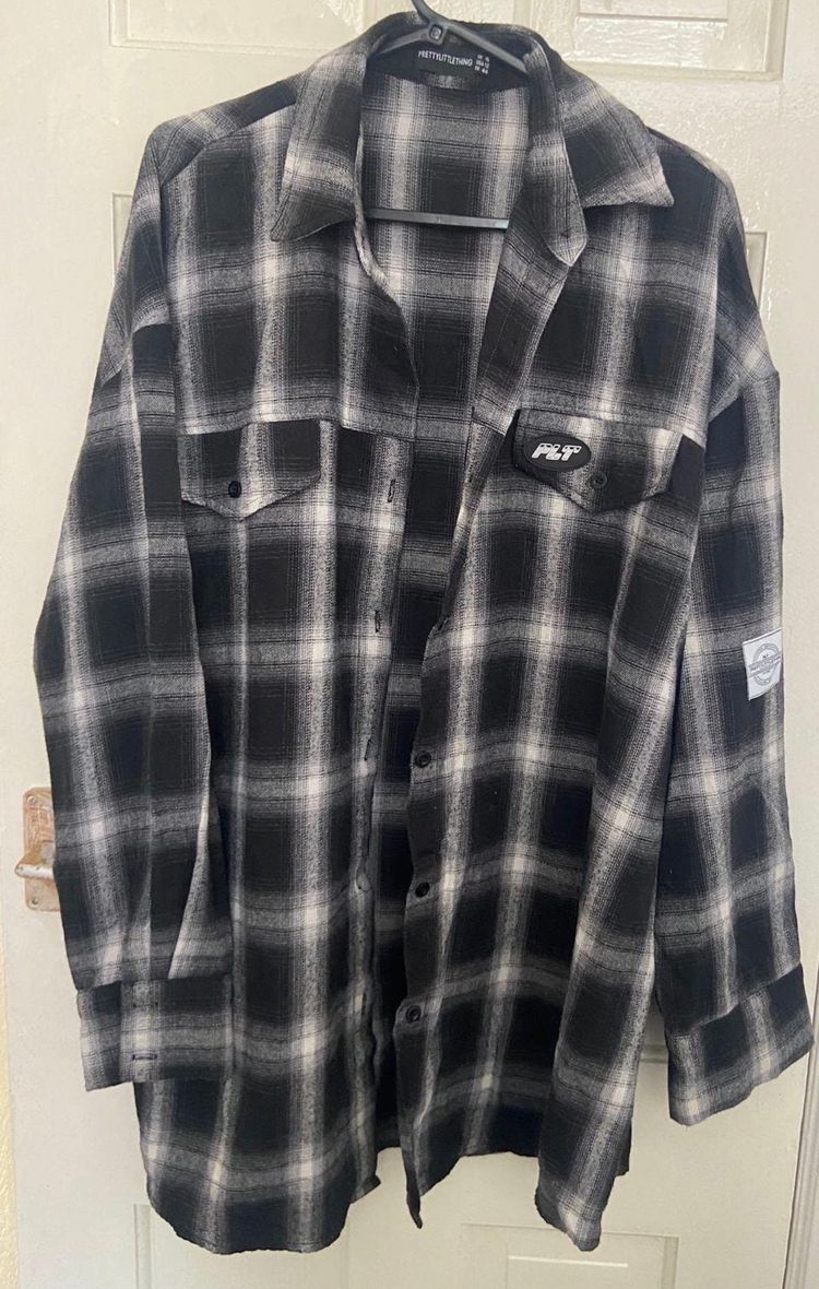 Prettylittlething Black And White Checkered Shirt Jacket