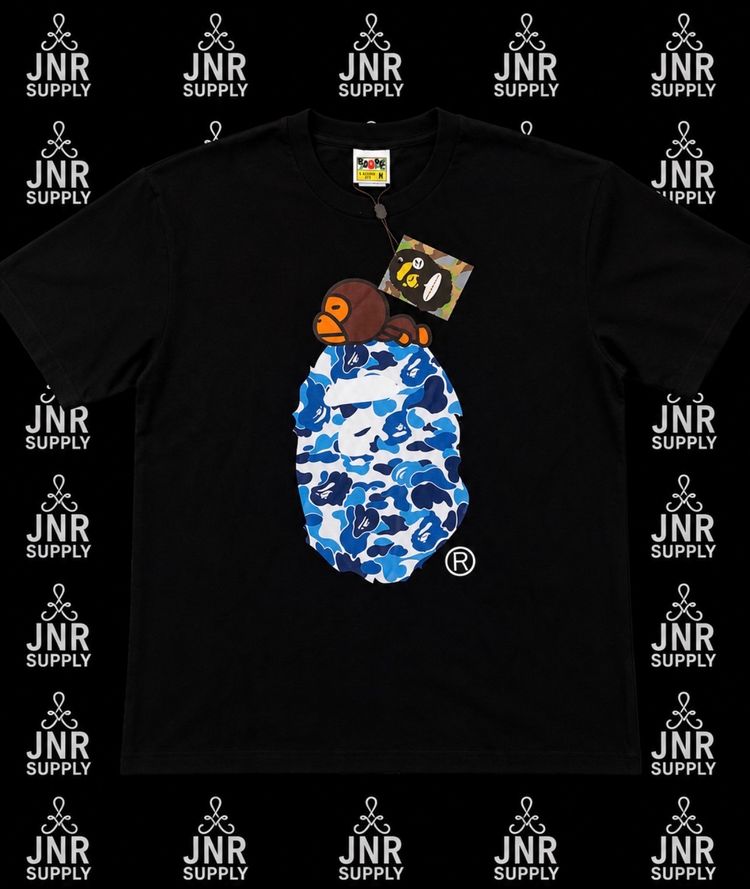 A Bathing Ape Black T-Shirt With Blue Camo Ape Head Graphic image 1