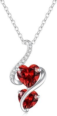 Silver Necklace With Red Heart-Shaped Stones Pendant image 1