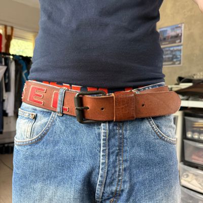 Diesel 2000's brown leather embroidered spellout belt (OS)