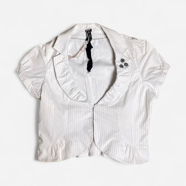 White Short-Sleeve Cropped pinstripe blouse 