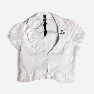 White Short-Sleeve Cropped pinstripe blouse