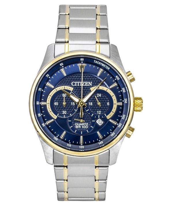 Citizen Chronograph Two Tone Stainless Steel Blue Dial Quartz AN8194-51L 100M Men's Watch image 1