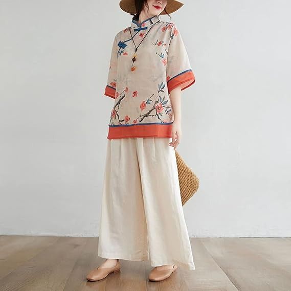 Floral Print Traditional Style Blouse With Wide Pants