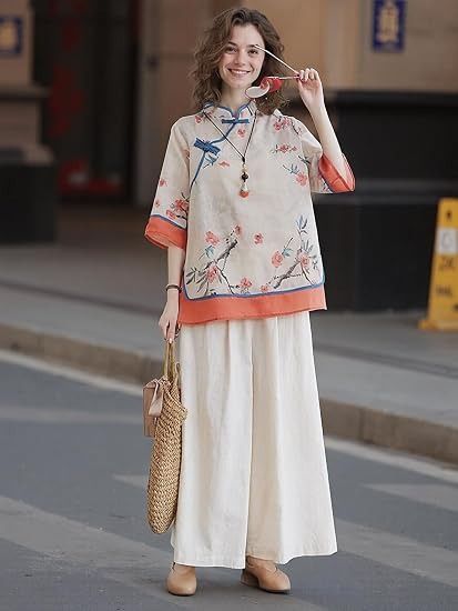 Immagine di Floral Print Traditional Style Blouse With Wide Pants 2
