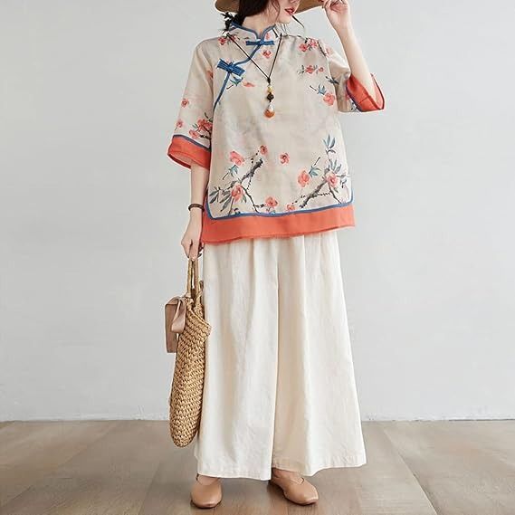 Immagine di Floral Print Traditional Style Blouse With Wide Pants 3
