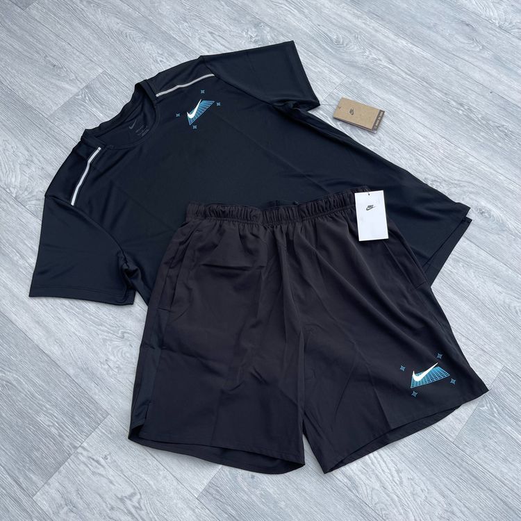 Nike Dri Fit Miler Graphic Grid Top [L] and 7" Challenger Running Shorts [M] Set - Black