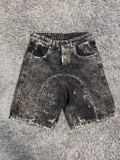Black Distressed Denim Shorts With Stud Detailing