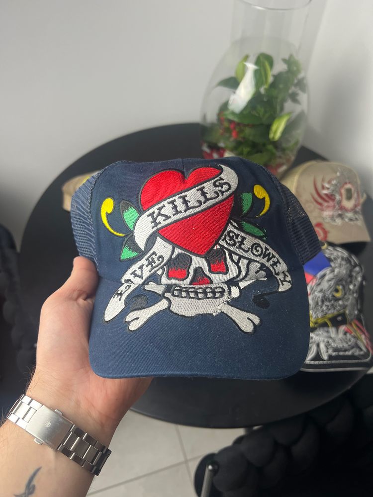 Navy Blue Trucker Cap With Skull And Heart Embroidery