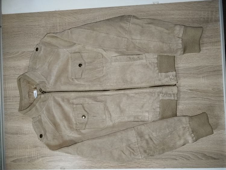 Beige Suede Bomber Jacket