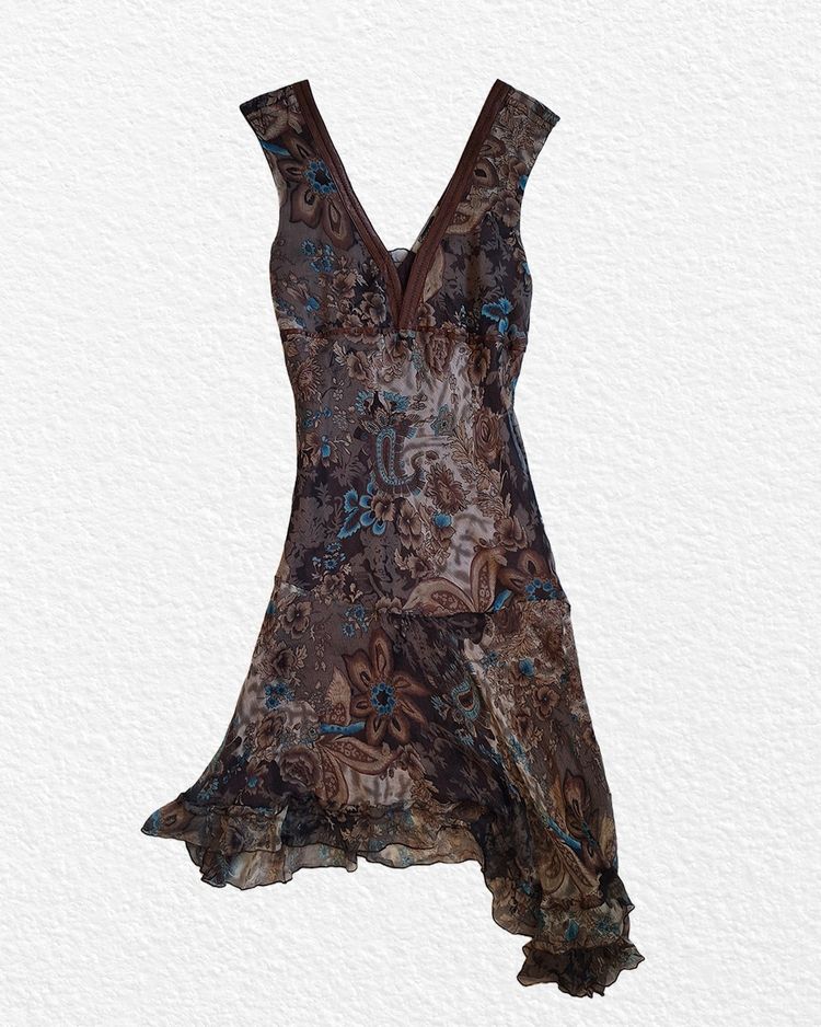 RARE 100% SILK Brown Floral Sleeveless Dress With Belt
