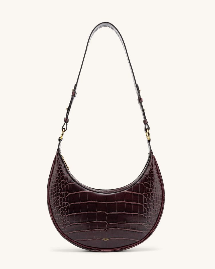Dark Brown Croc Embossed Crescent Shoulder Bag image 1